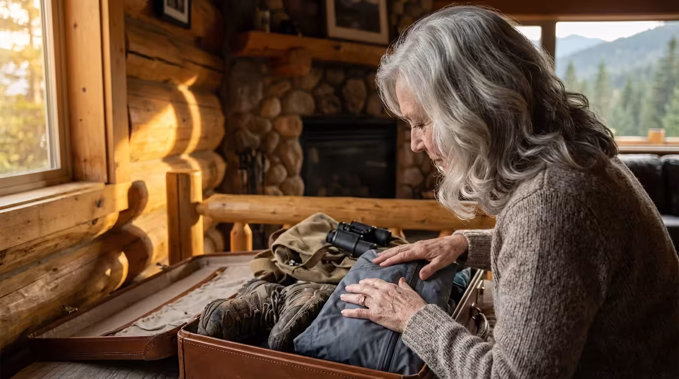 Senior woman packing a suitcase with hiking gear in a rustic cabin during golden hour.