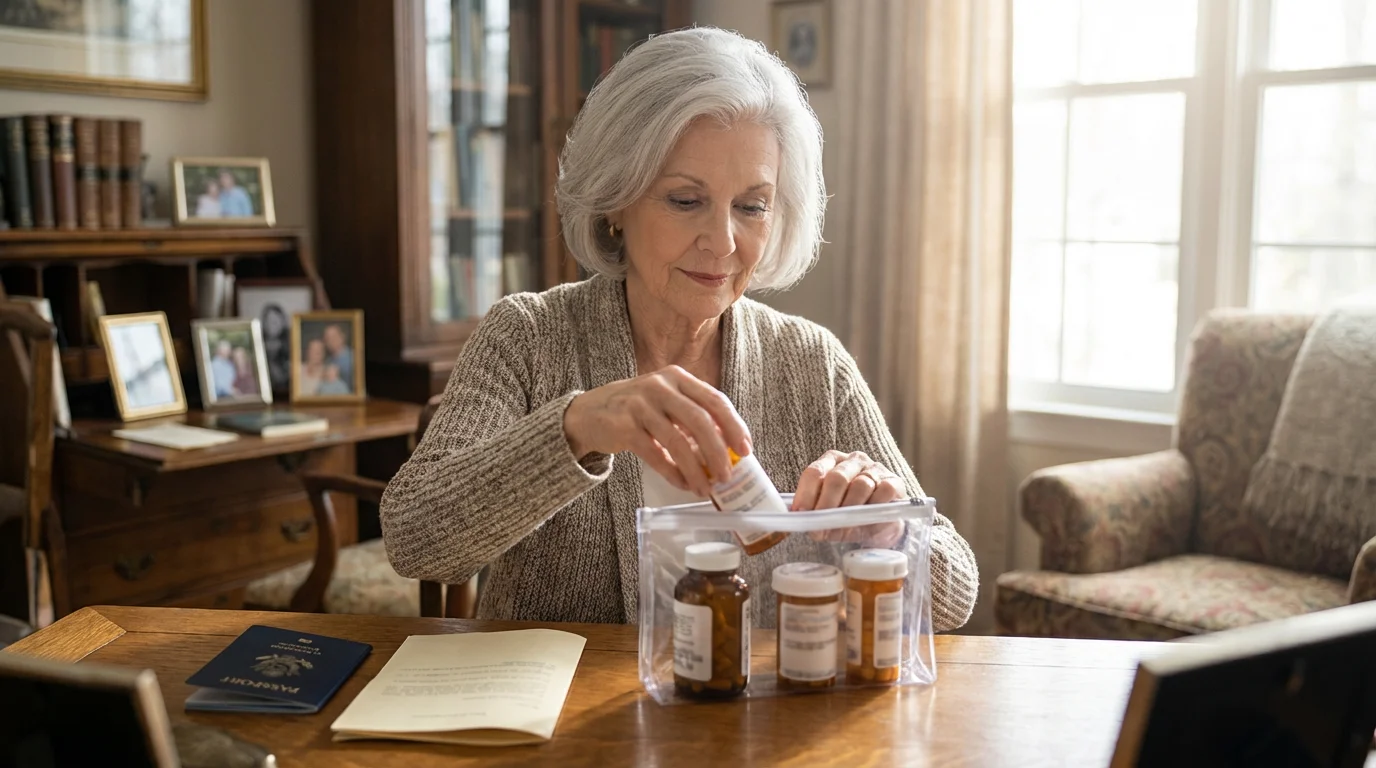 Senior woman packing prescription medication bottles into a clear travel bag for a trip.