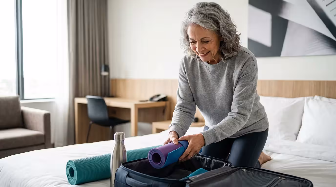 Senior woman packing resistance bands and a yoga mat into a suitcase for travel.