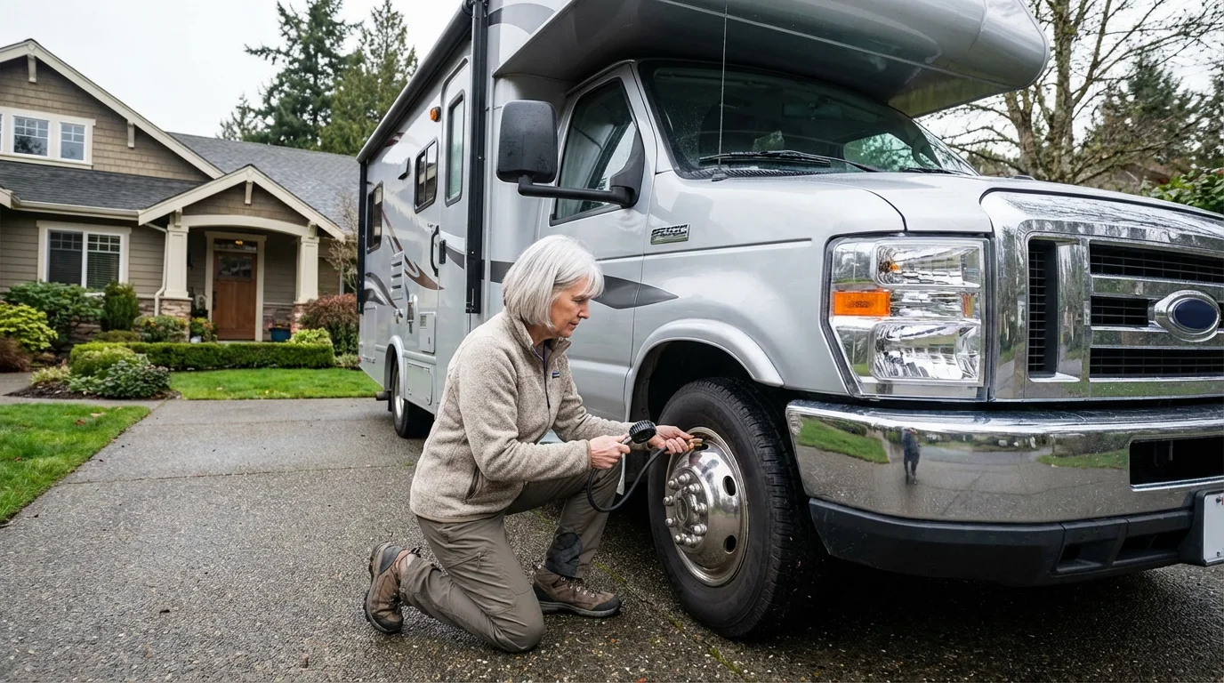 Senior woman performing a pre-trip safety inspection on her Class C RV.