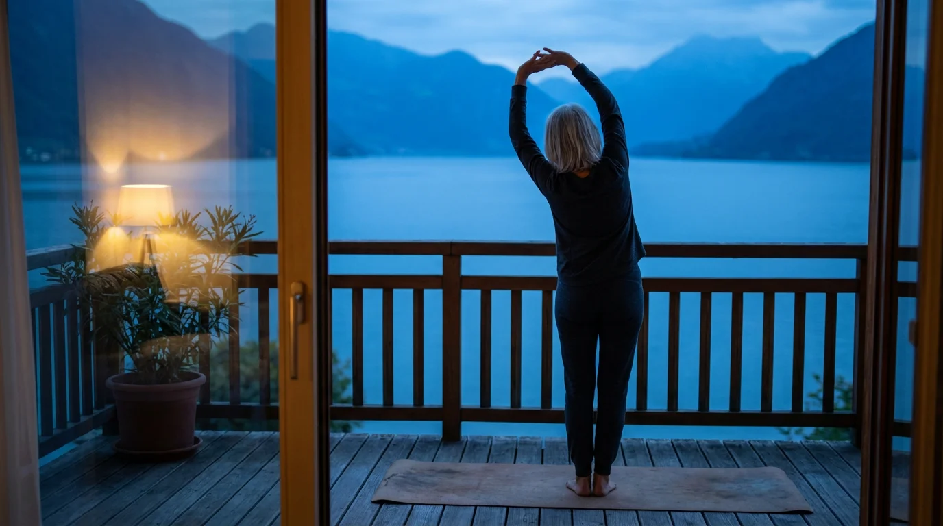 Senior woman practicing yoga on a hotel balcony overlooking a lake at dusk.