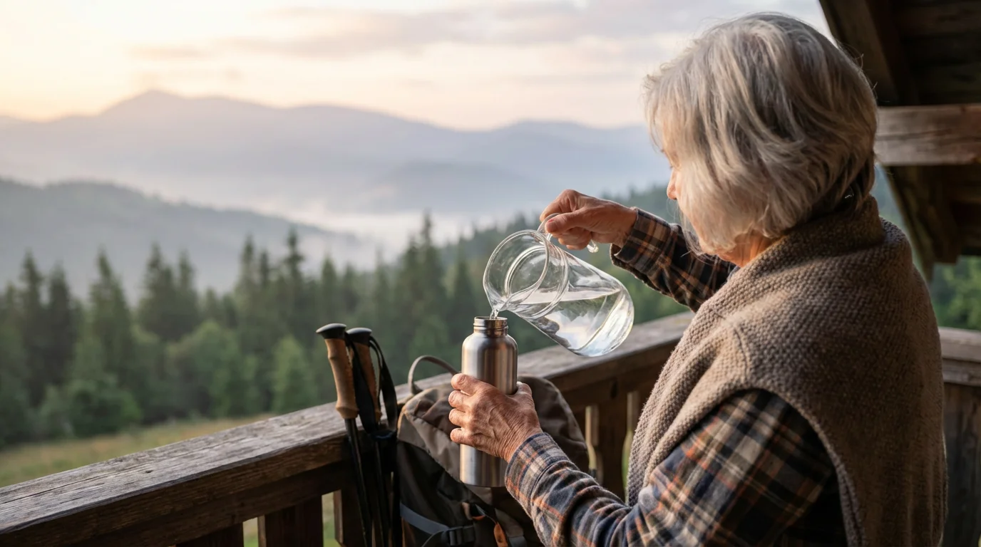 Senior woman preparing for a day of adventure by filling a water bottle.