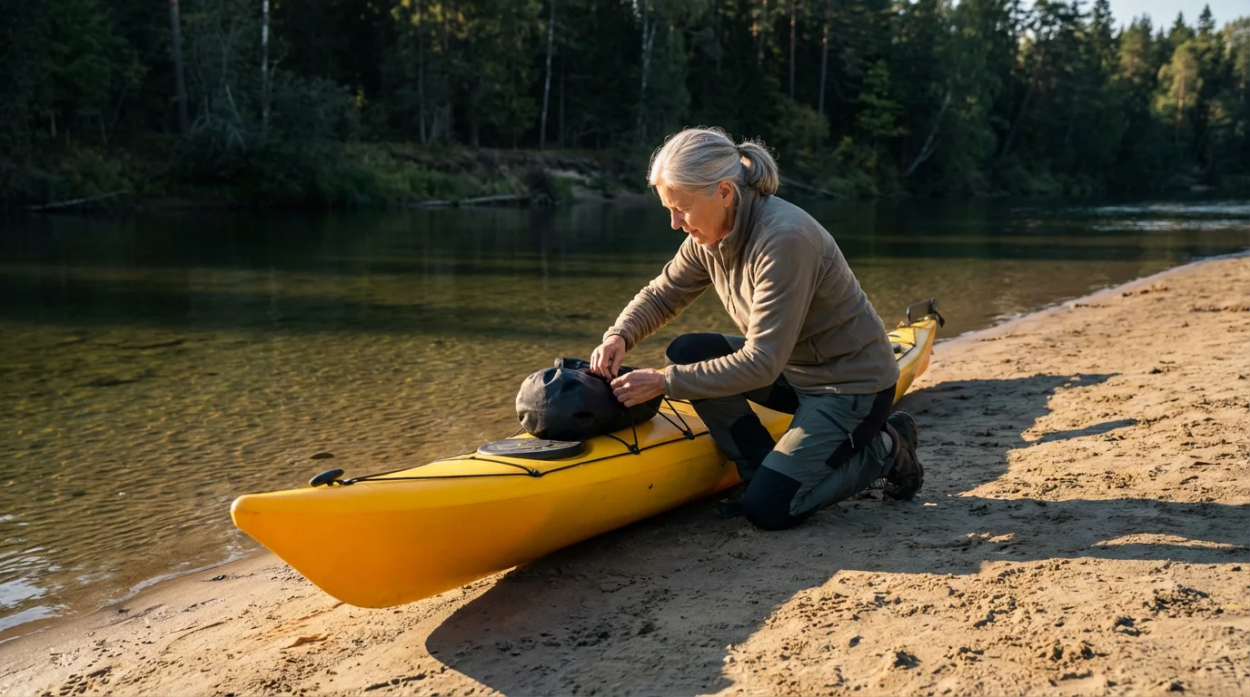 Senior woman preparing her yellow kayak on a sandy riverbank before paddling.