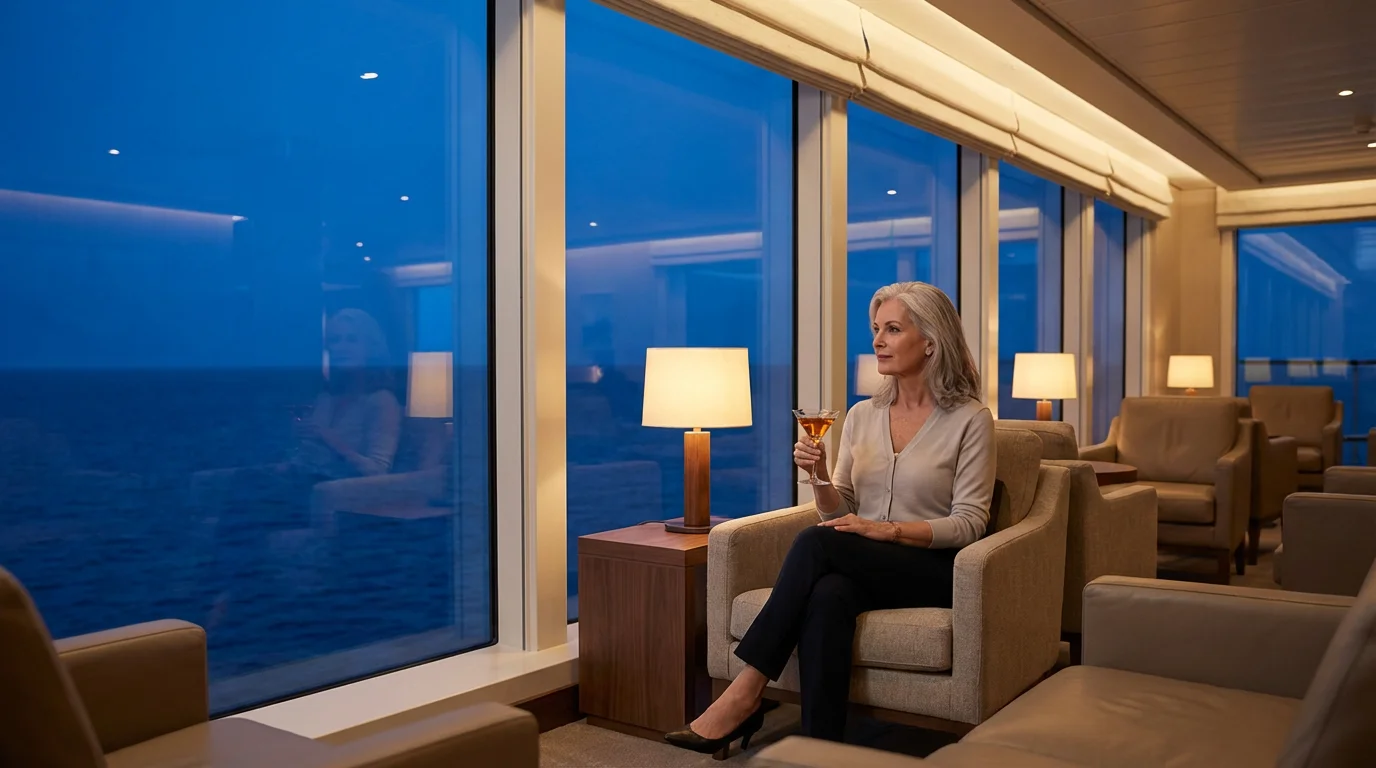 Senior woman relaxes in a quiet cruise ship lounge, thoughtfully watching the ocean at dusk.