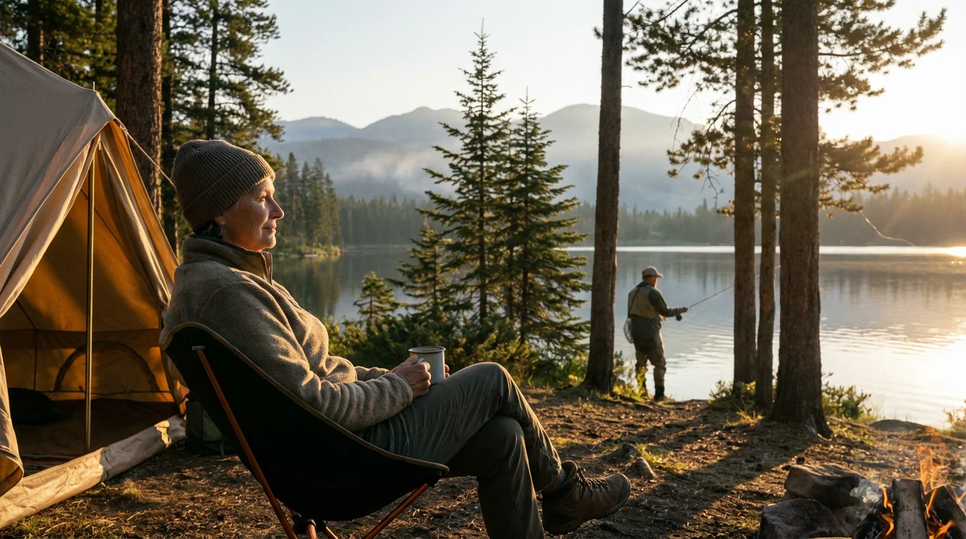 Senior woman relaxing in a chair at a beautiful lakeside campsite during golden hour.