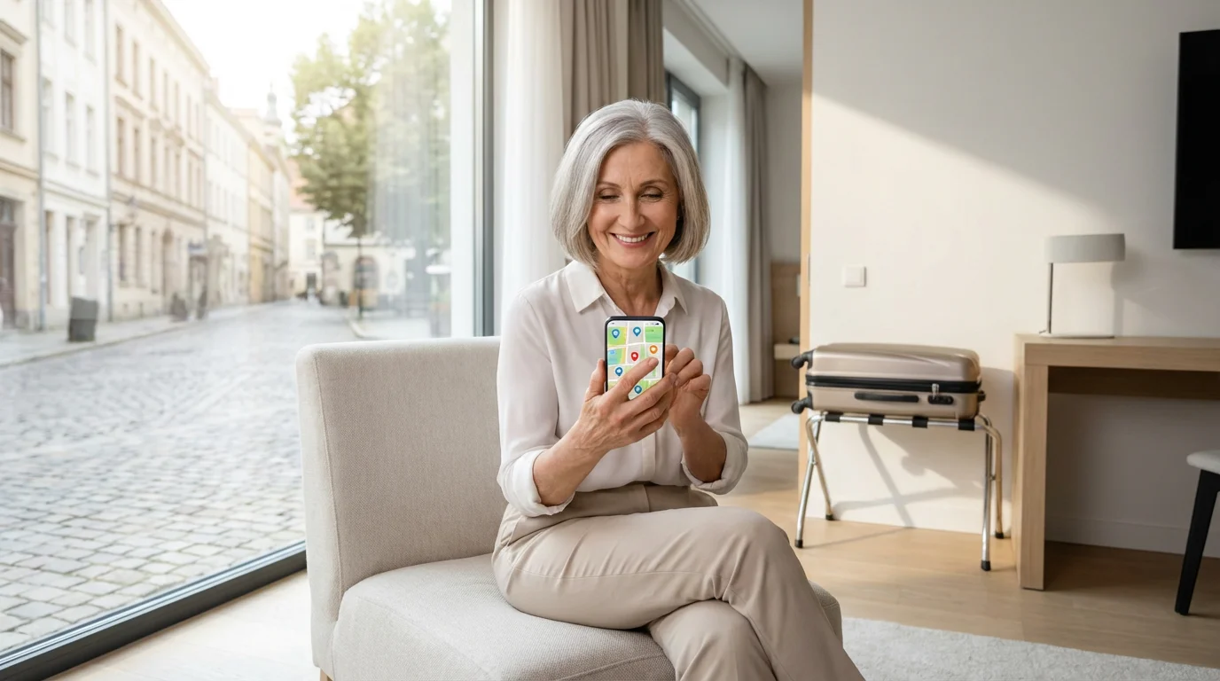 Senior woman sitting in a modern hotel room, smiling while using a smartphone.
