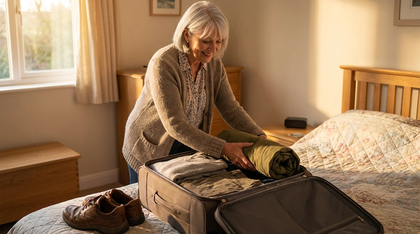 Senior woman smiling while packing layered clothing into a suitcase for a group tour.