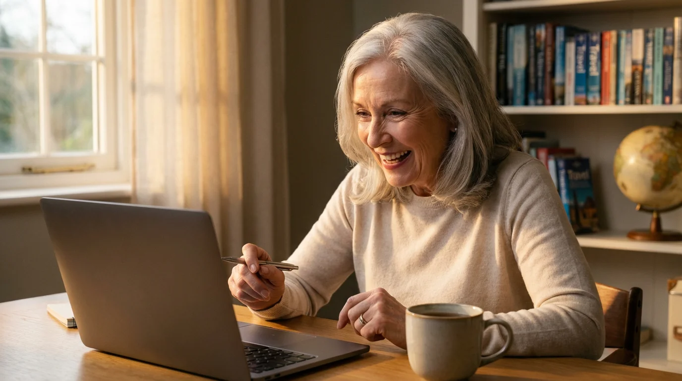 Senior woman smiling while planning a volunteer trip abroad on her laptop at home.