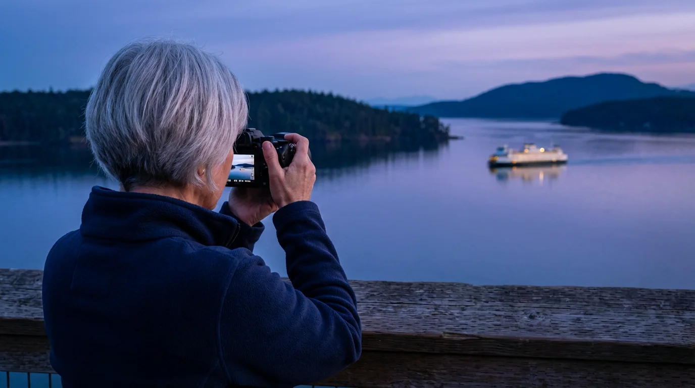 Senior woman with a camera overlooking Puget Sound, Washington at twilight from a viewpoint.