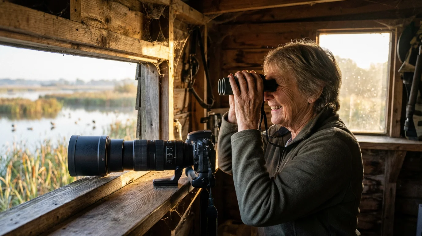 Senior woman with camera and binoculars wildlife watching from a bird hide at sunrise.