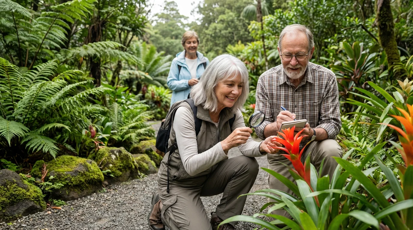 Seniors engaged in a botany workshop on a nature walk in a garden.