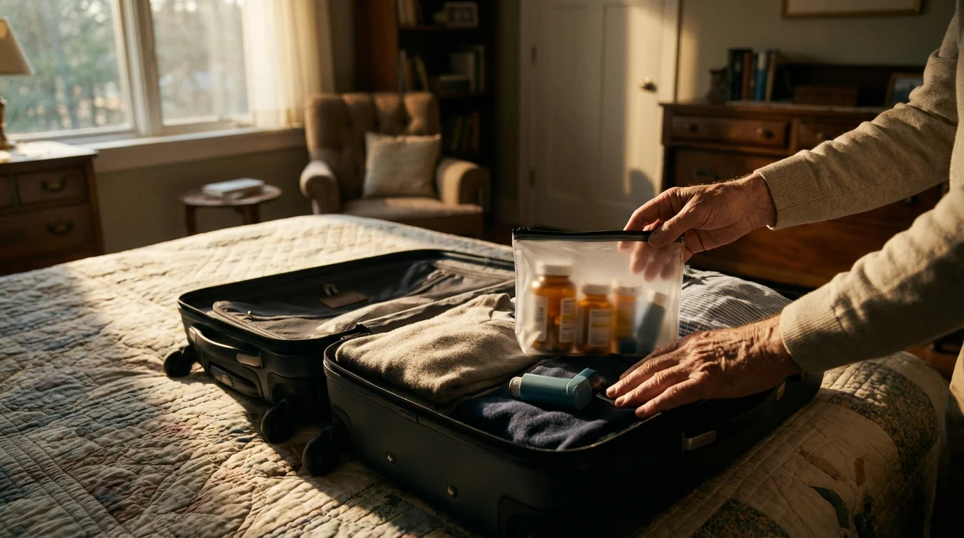 Senior's hands packing a clear pouch of medications into a carry-on suitcase.