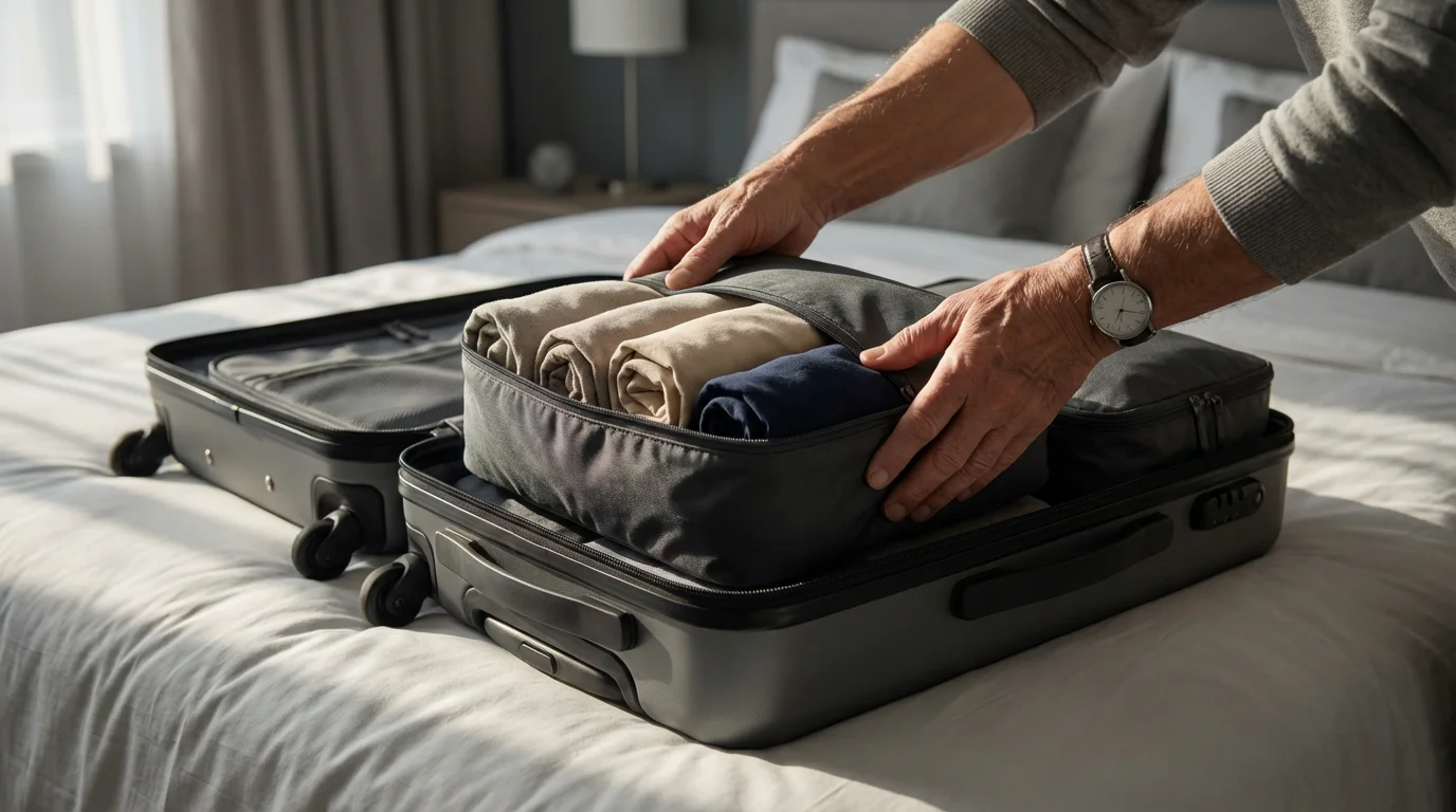 Senior's hands packing rolled clothes in compression cubes into a carry-on suitcase.