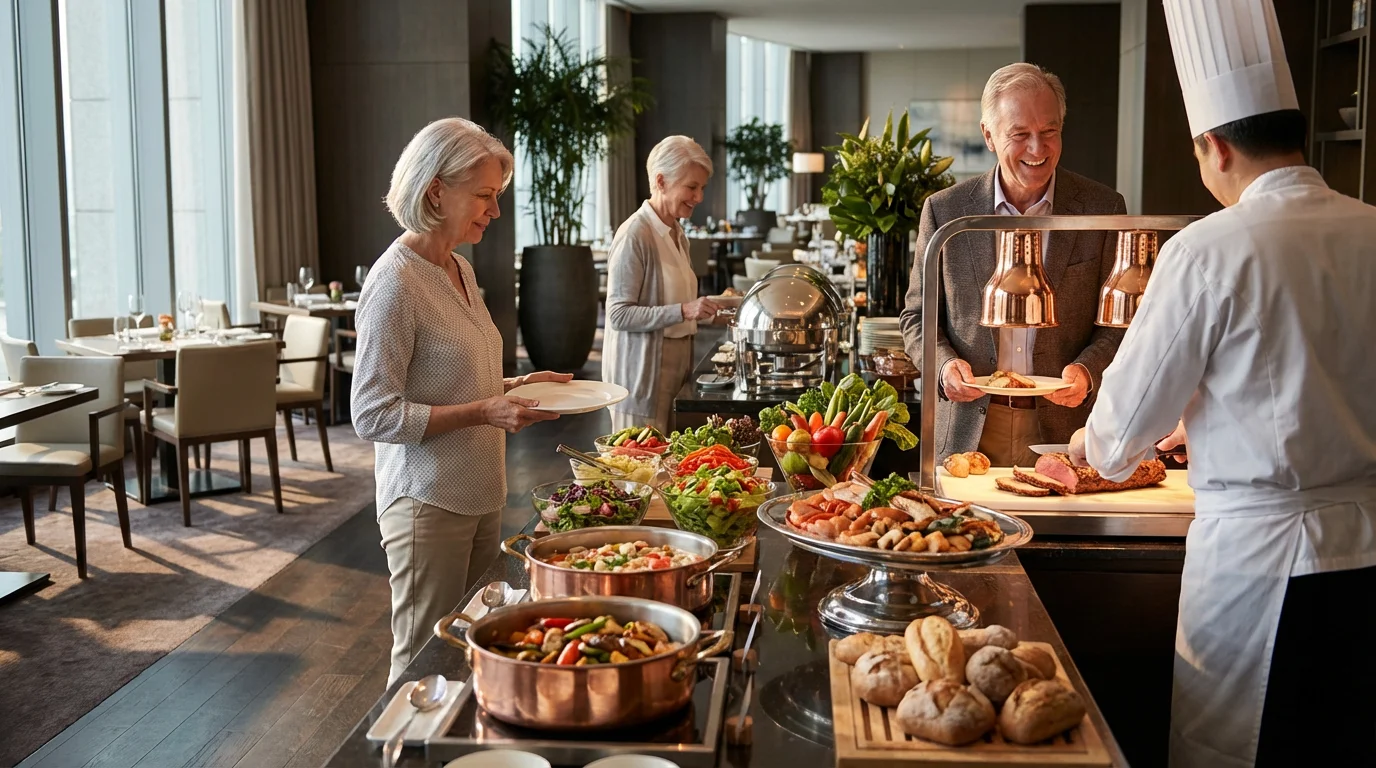 Seniors selecting diverse food choices from an elegant hotel buffet during a group tour.