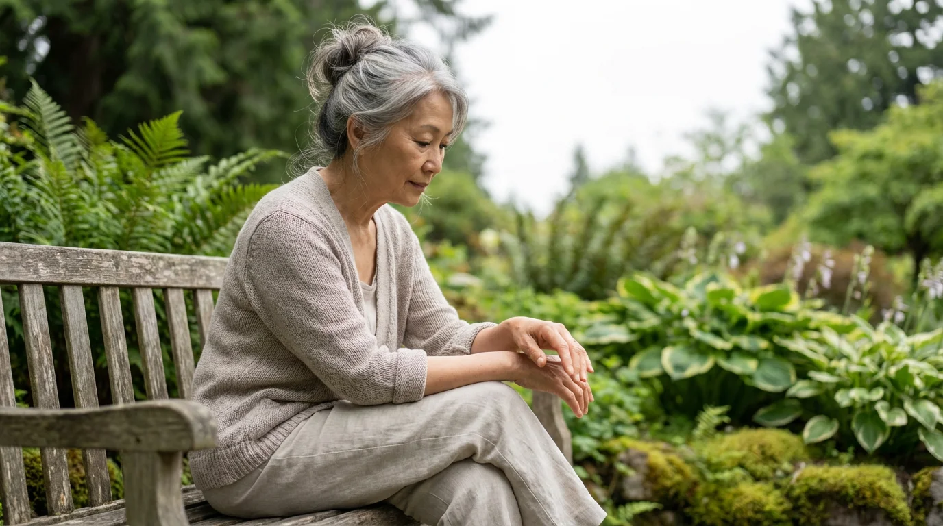 Thoughtful senior woman in a garden examines the skin on the back of her hand.
