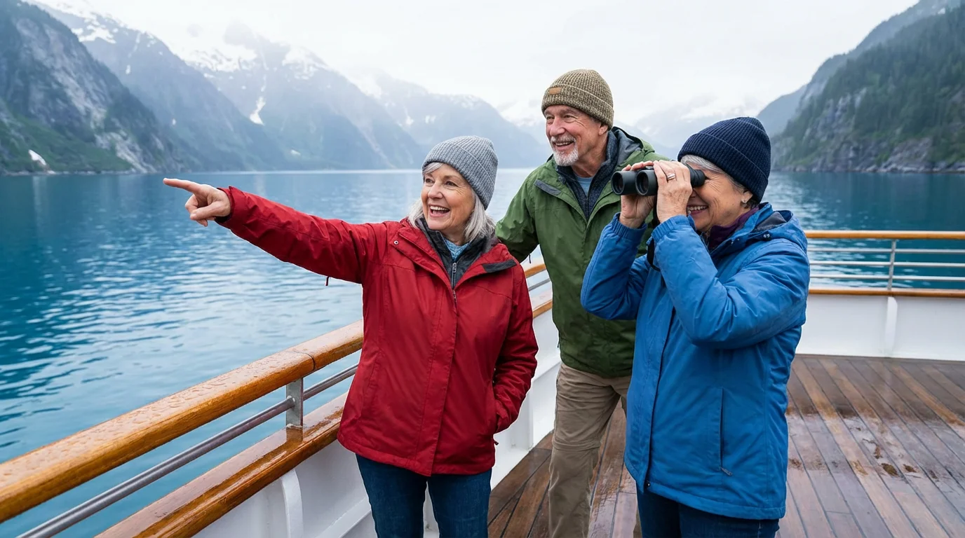 Three cheerful seniors on a whale-watching boat excursion with misty Alaskan mountains behind them.
