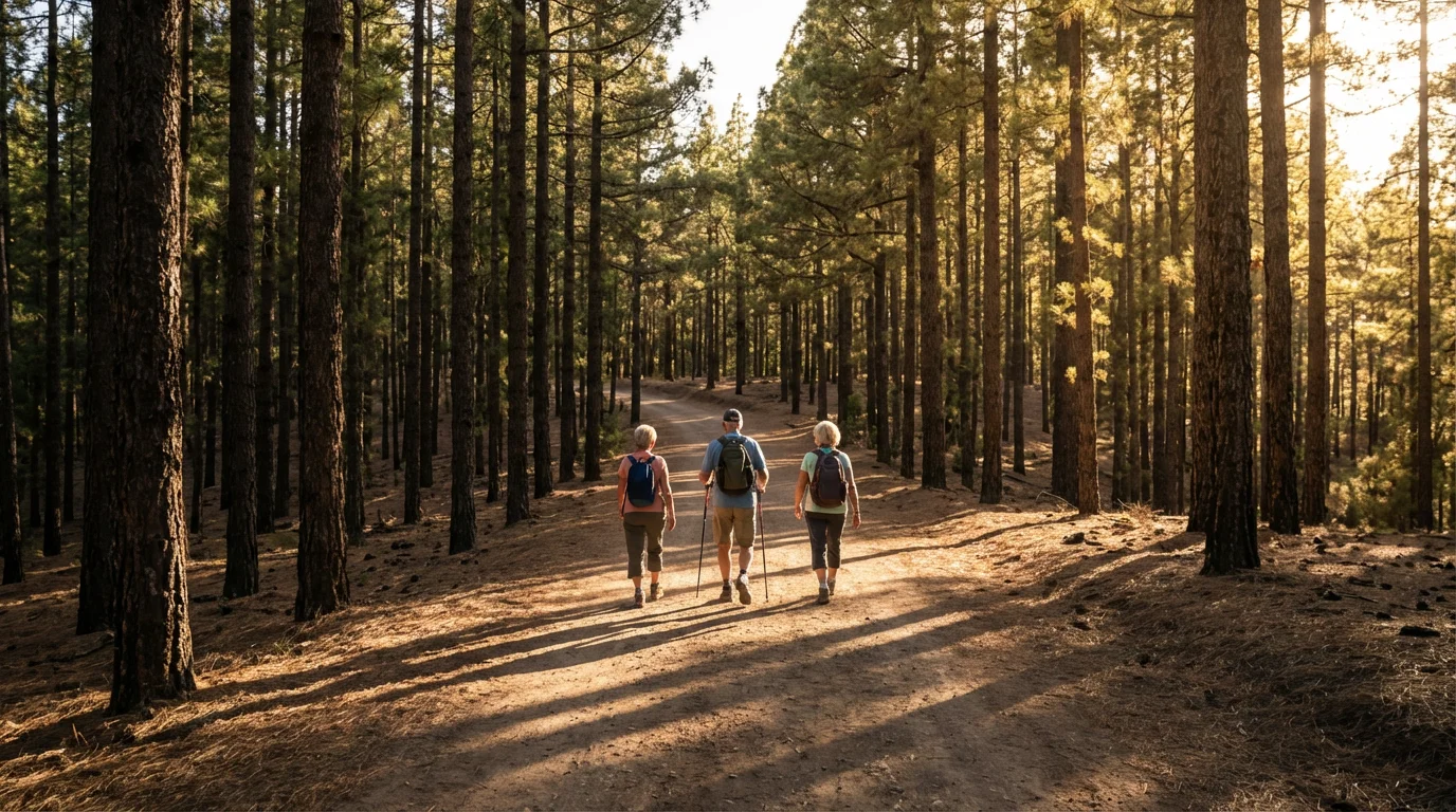 Three diverse seniors on a group hike through a sun-dappled forest trail.