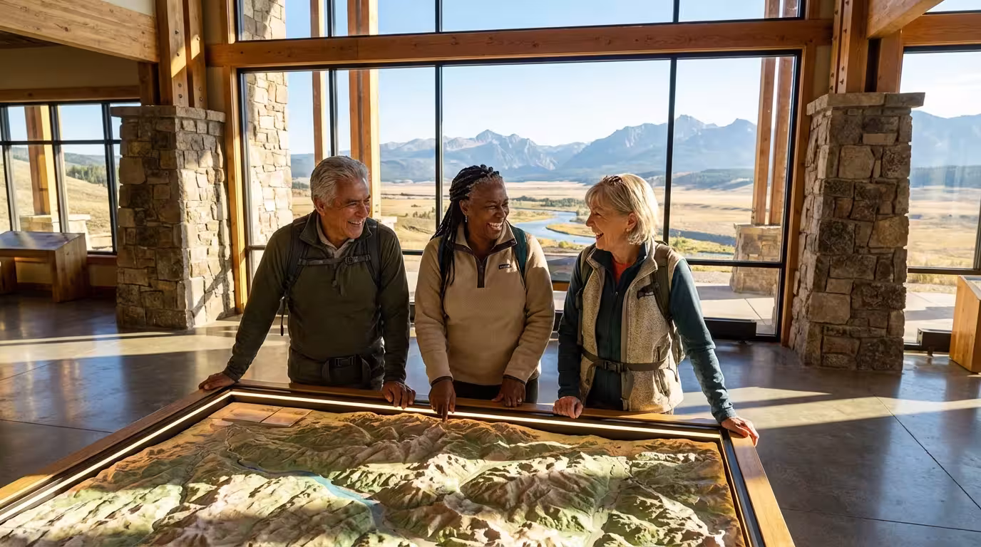 Three diverse seniors plan their day around a large relief map in a national park visitor center.