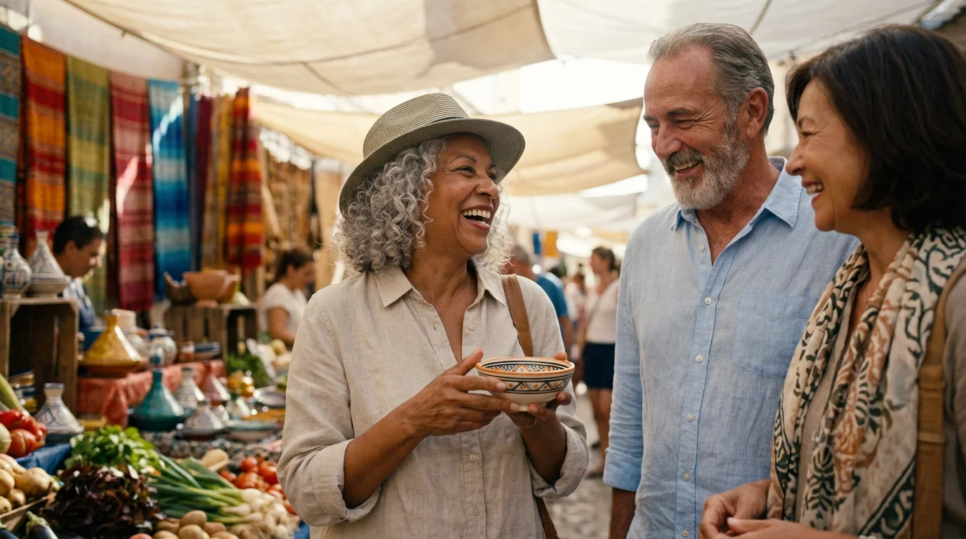 Three happy seniors laughing together at a vibrant, sunny outdoor market during their travels.