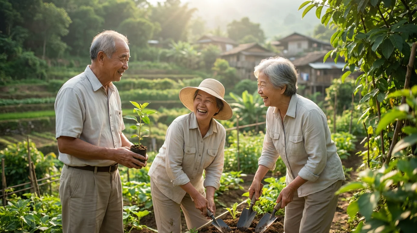 Three happy seniors volunteering by planting a sapling in a sunny community garden abroad.