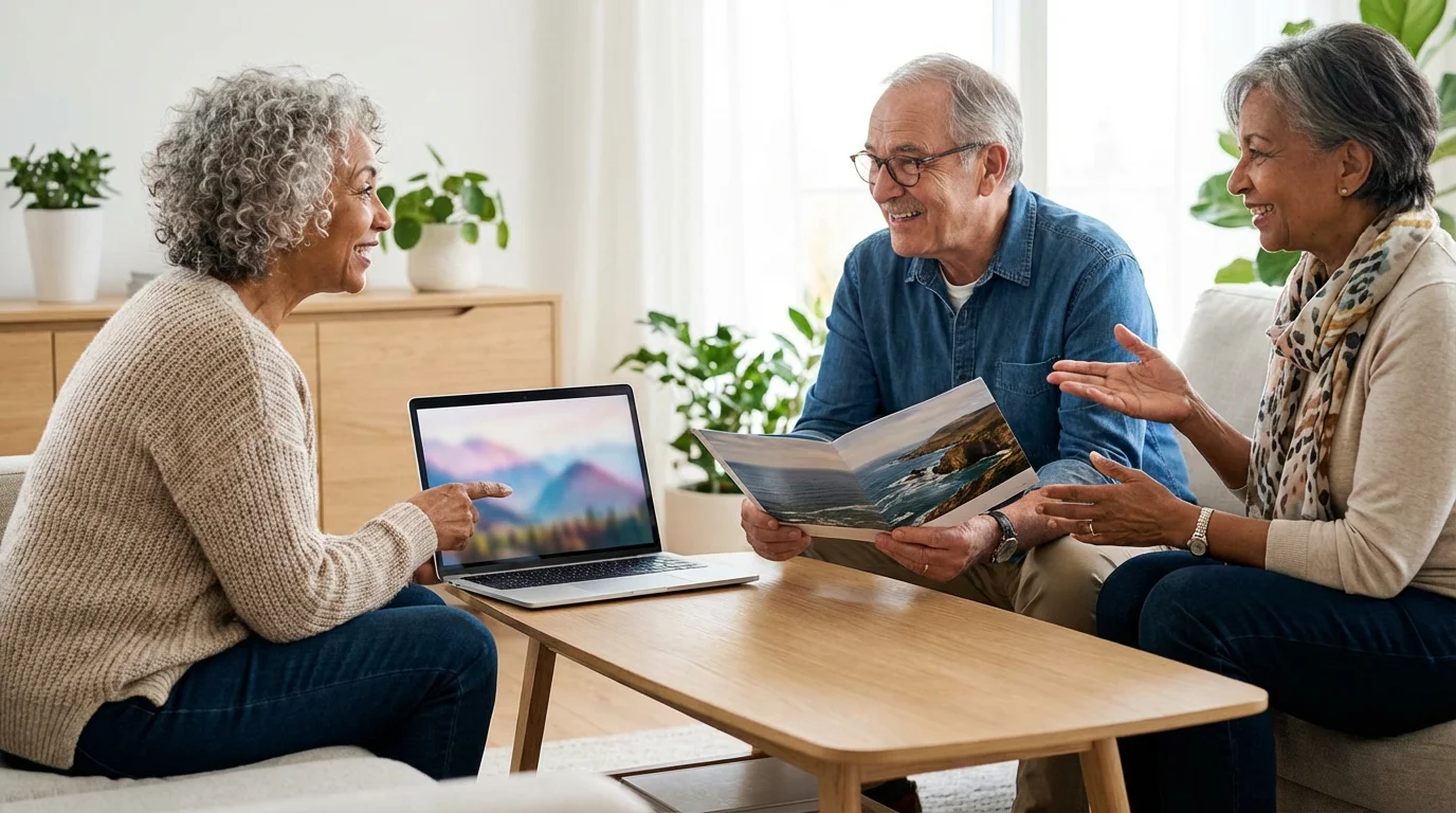 Three senior friends happily researching group travel tours together on a laptop and brochures.