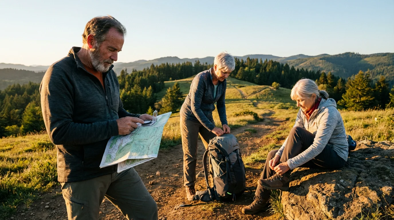 Three seniors with hiking gear preparing for a hike at a scenic trailhead during sunset.