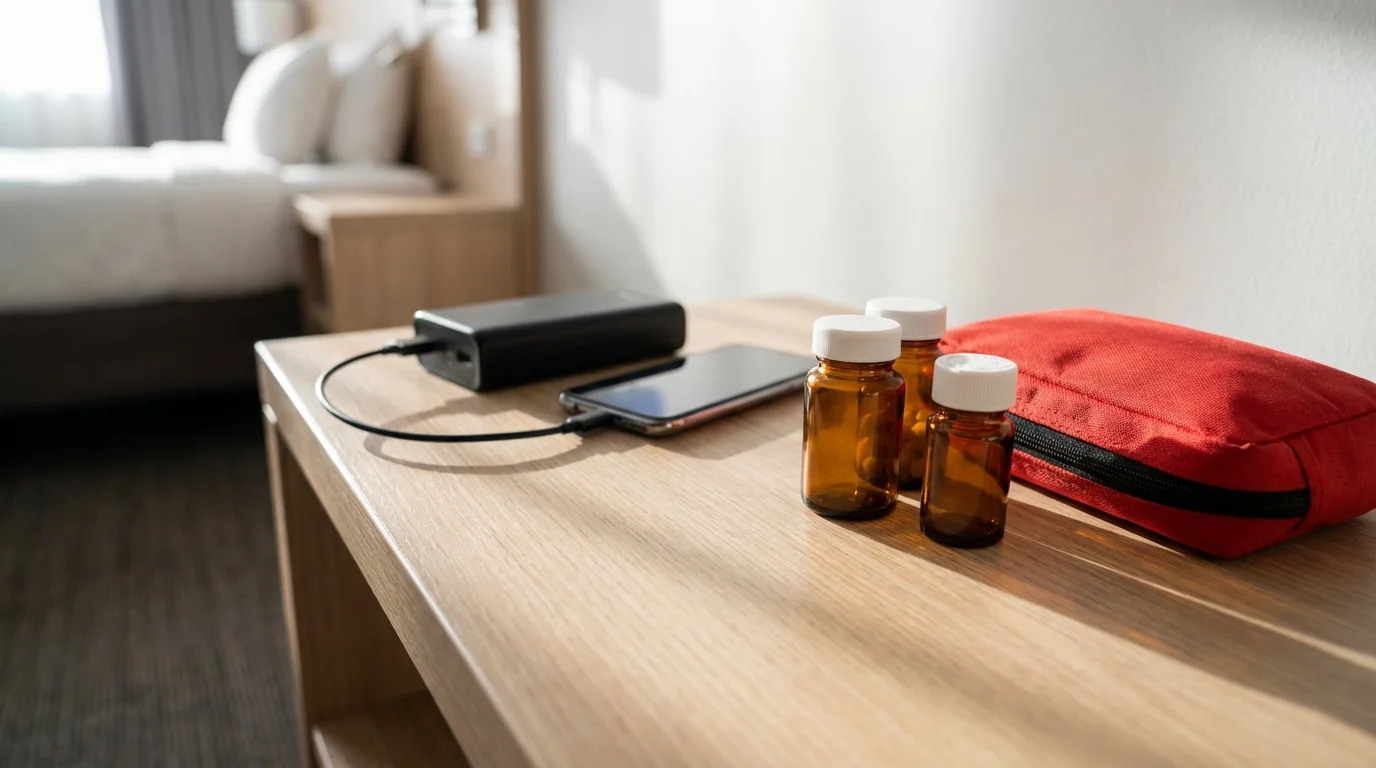 Travel health essentials like medication, a first-aid kit, and a power bank on a nightstand.