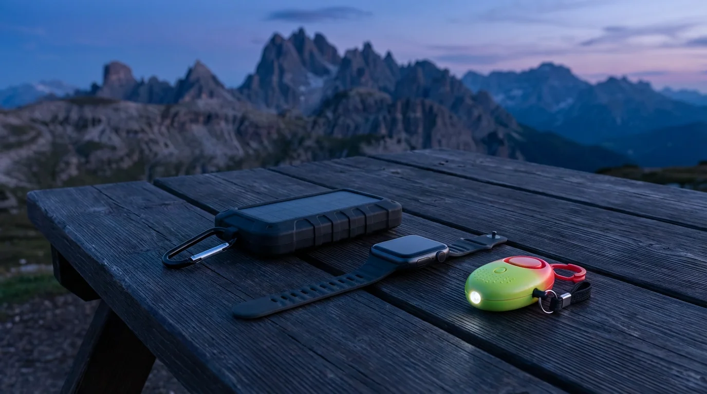 Travel safety tech including a power bank, smartwatch, and alarm on a table outdoors.