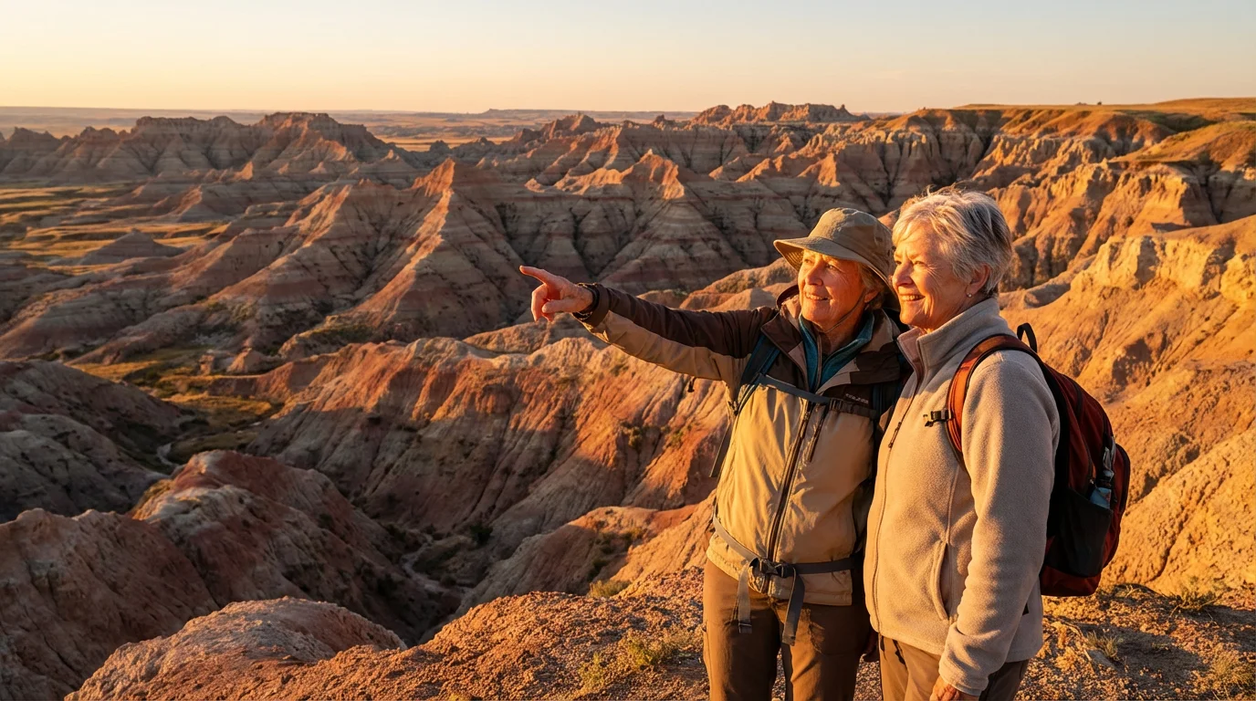 Two senior women friends enjoy a golden hour sunset over a vast canyon overlook.