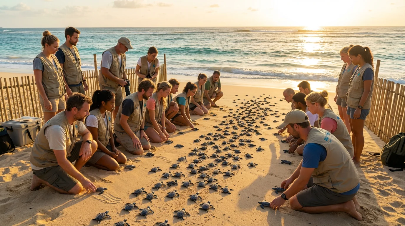 Volunteers on a beach help baby sea turtles reach the ocean during a golden sunset.