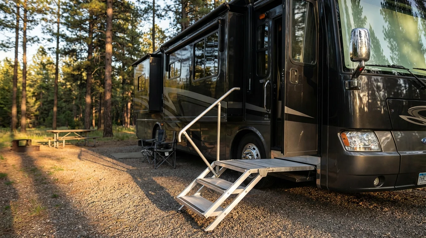 Wide aluminum steps with a sturdy handrail leading into a luxury RV at campsite.