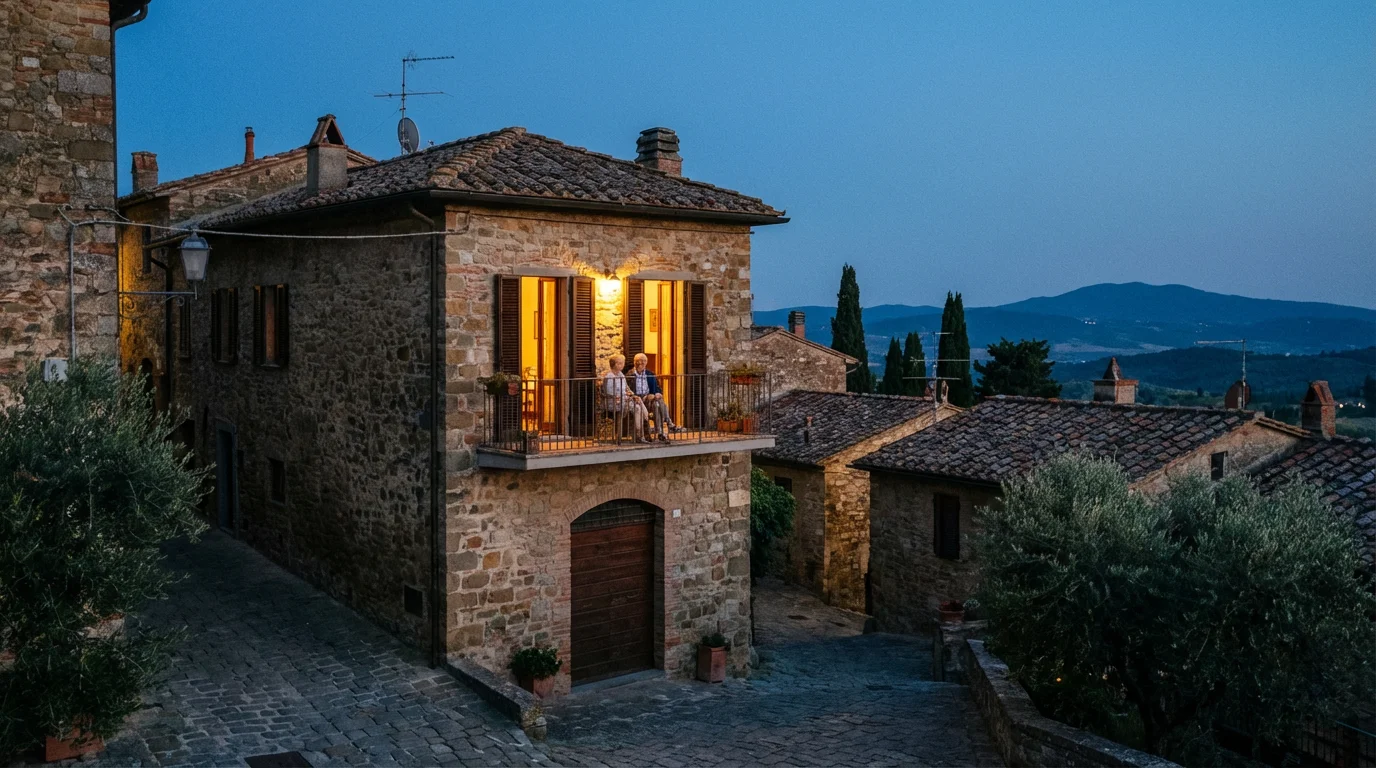 Wide shot of a Tuscan apartment building at twilight with a couple on a balcony.