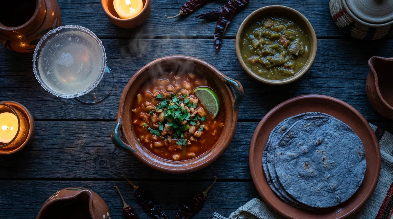 A high angle flat lay of a traditional Santa Fe dinner with posole and a margarita.