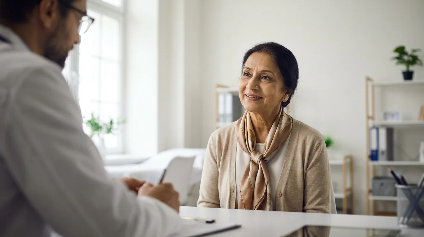 A senior woman smiles reassuringly while consulting with her doctor in a bright, sunlit office.