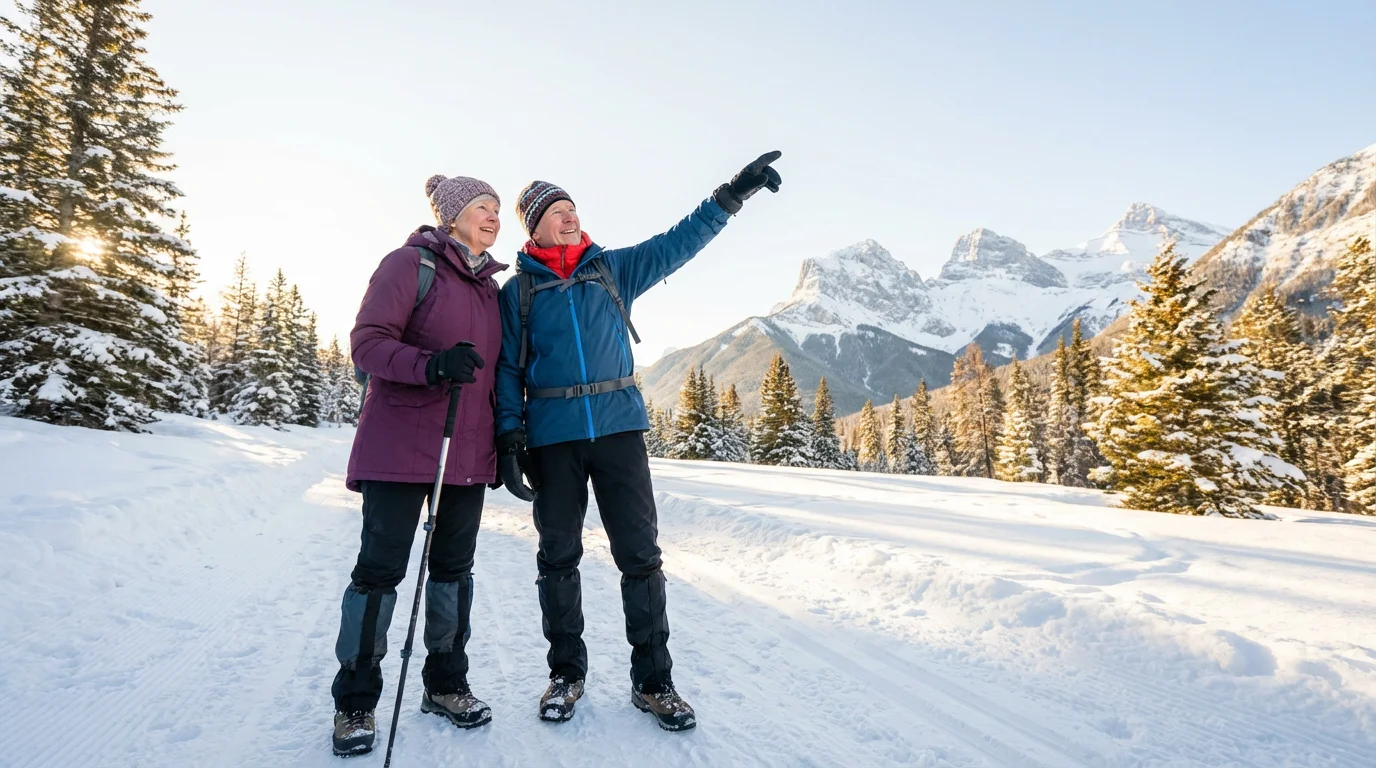 An active senior couple in full winter gear admiring a snowy mountain vista from a trail.