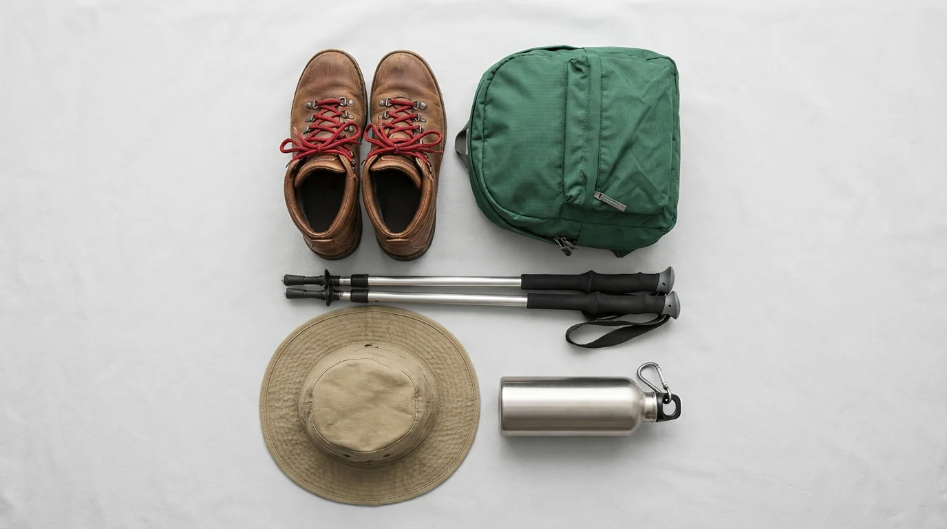 Flat lay of hiking gear essentials for a national park tour on a grey background.