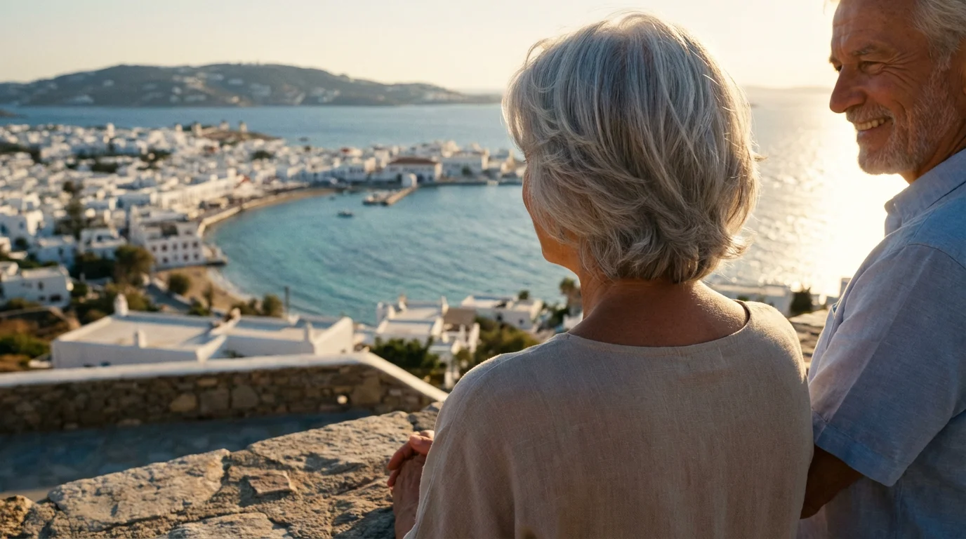 Over-the-shoulder view of a senior couple admiring a sunny, coastal town from a balcony.